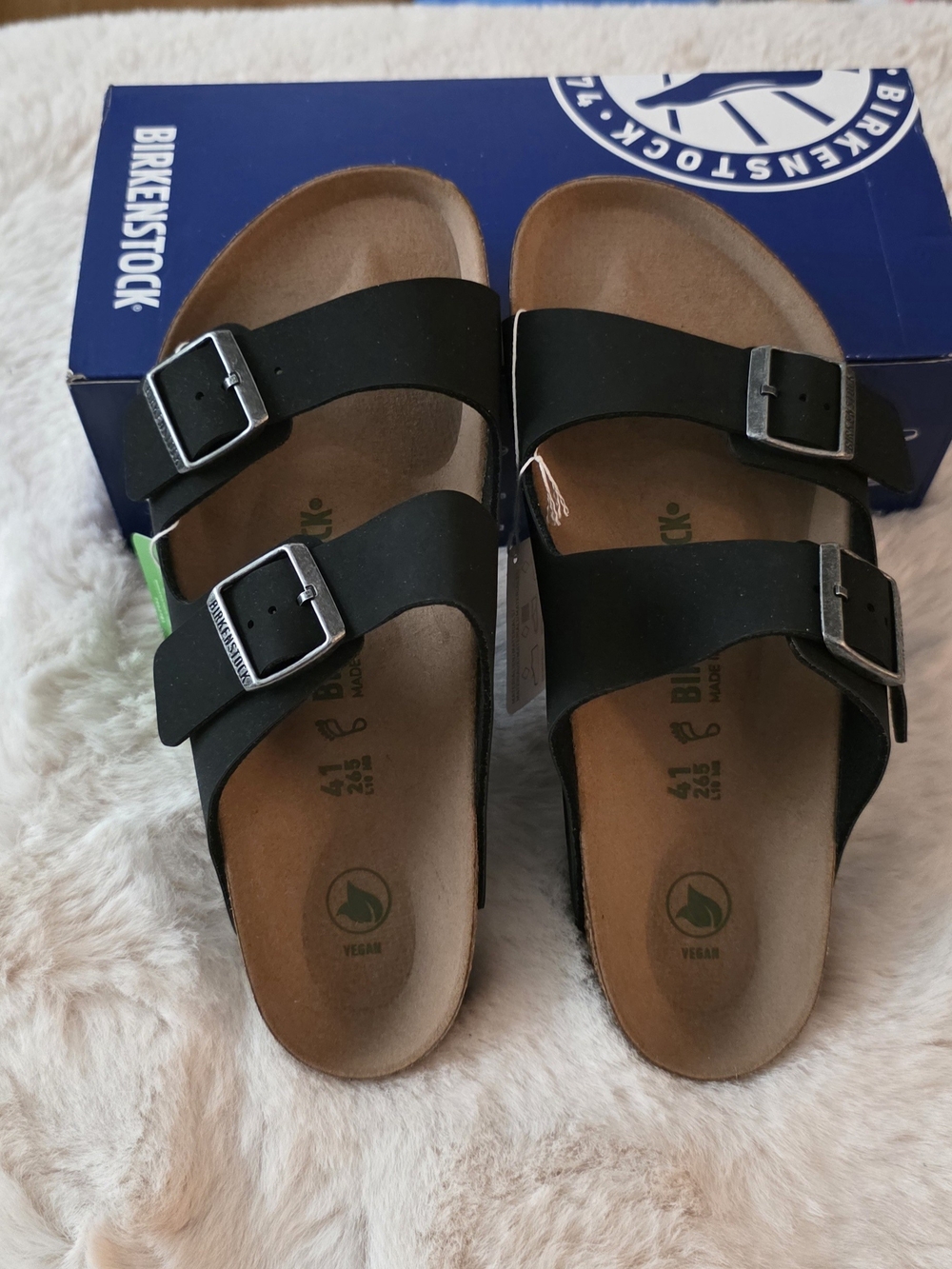 Birkenstock Men 8 Ladies 10  Black Two-Strap Vegan Leather Sandals